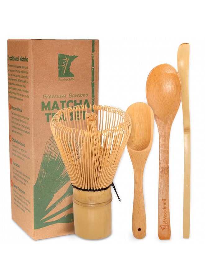 BambooMN Matcha Whisk Set - Golden Chasen (Tea Whisk) + Chashaku (Hooked Bamboo Scoop) + Tea Spoon - 1 Set - Premium Matcha Set to Prepare a Traditional Cup of Matcha - Image 1