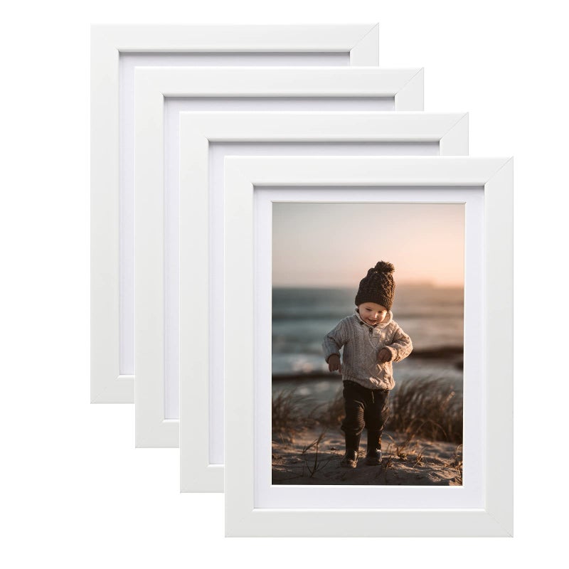 KINLINK 5x7 Picture Frames White  Photo Frames with Real glass for Picture 4x6 with Mat or 5x7 without Mat  composite Wood Picture Frames for Table Top and Wall Mounting  Set of 4