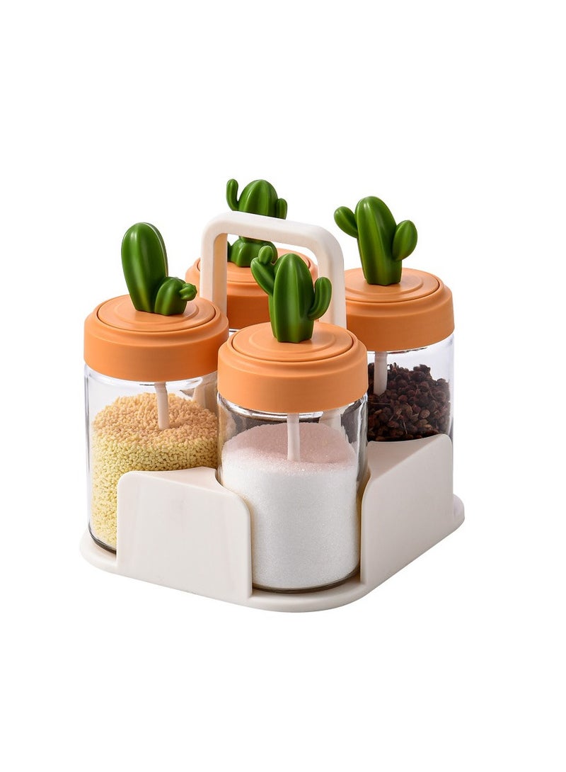 فولانري مجموعة من 4 قطع من برطمانات التوابل للمطبخ، صندوق توابل منزلي، مجموعة تنظيم زجاجات التوابل، زجاجة برطمان توابل زجاجي على شكل صبار - Image 1