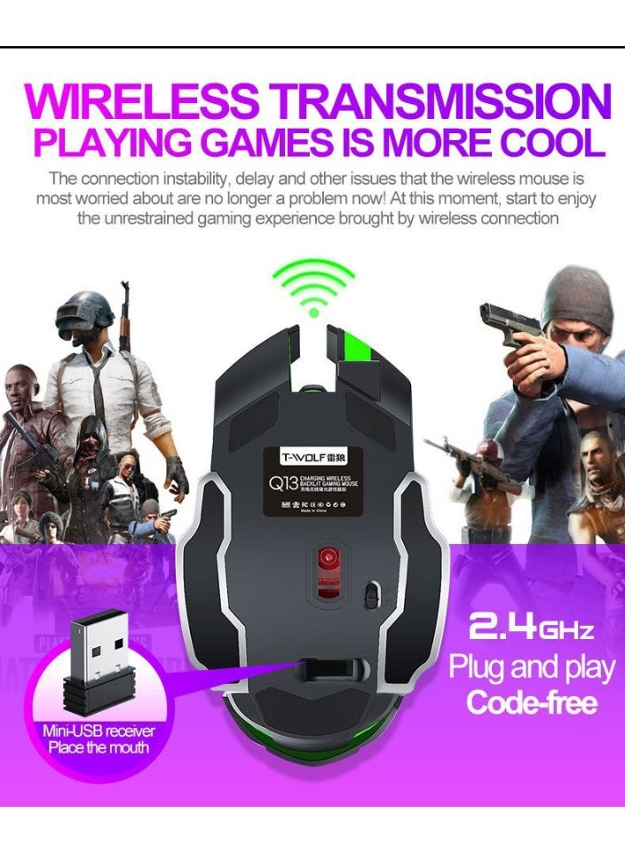 T-WOLF Q13B is a rechargeable wireless mouse suitable for gaming, esports, and office use. It has 3 levels (1200-1600-2400DPI switching), Bluetooth+2.4GHz dual-mode connection, built-in 600mAh rechargeable battery, and a 7-color breathing light at the bottom - Image 5