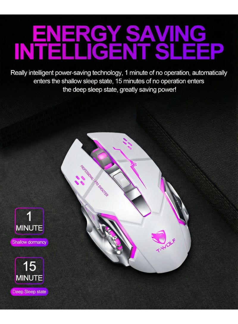 T-WOLF Q13B is a rechargeable wireless mouse suitable for gaming, esports, and office use. It has 3 levels (1200-1600-2400DPI switching), Bluetooth+2.4GHz dual-mode connection, built-in 600mAh rechargeable battery, and a 7-color breathing light at the bottom - Image 2