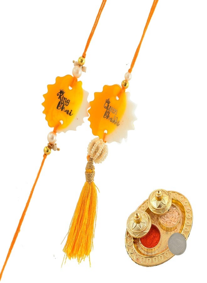 Pride Store Pack of Yellow Resin Couple Rakhis | King Bhai Queen Bhabhi Resin Rakhi | Thali for Roli and Rice | Best Wishes Greeting Card | Couples Rakhi with Thali | Rakhi for Bhai and Bhabhi (2 Yellow Couple Rakhi, Thali, Card) - Image 1