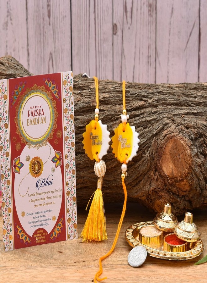 Pride Store Pack of Yellow Resin Couple Rakhis | King Bhai Queen Bhabhi Resin Rakhi | Thali for Roli and Rice | Best Wishes Greeting Card | Couples Rakhi with Thali | Rakhi for Bhai and Bhabhi (2 Yellow Couple Rakhi, Thali, Card) - Image 3