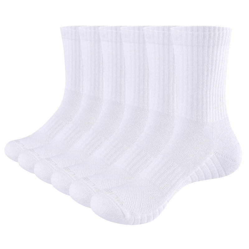 YUEDGE Mens White Cushioned Crew Socks Moisture Wicking Tennis Training Athletic Socks Breathable Cotton Work Socks For Men Size 9-11, 6 Pairs/Pack - Image 1