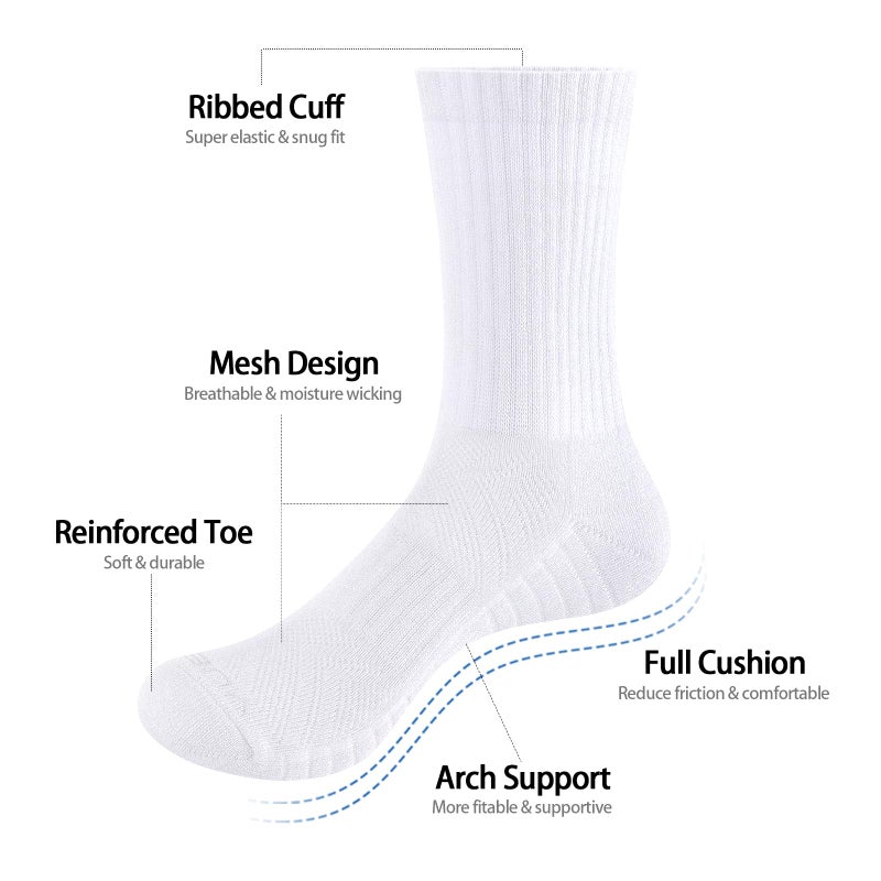 YUEDGE Mens White Cushioned Crew Socks Moisture Wicking Tennis Training Athletic Socks Breathable Cotton Work Socks For Men Size 9-11, 6 Pairs/Pack - Image 2