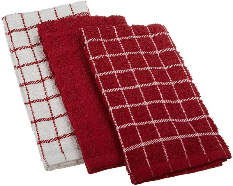 RITZ Premium 100 Cotton Terry Check Kitchen Dish Towels  Highly Absorbent Super Soft LongLasting 25x15 3Pack Paprika Red