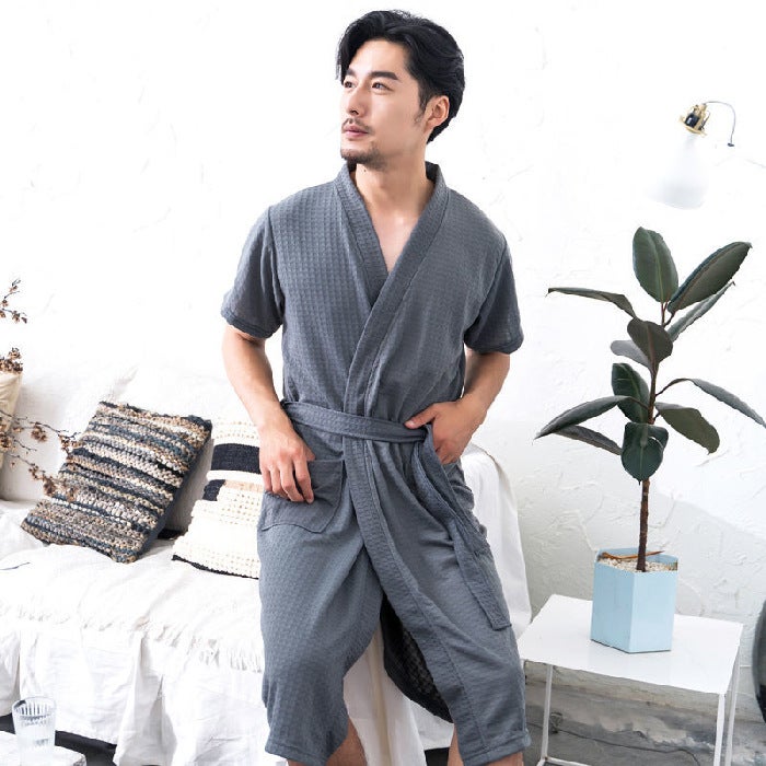 Couple Nightgown Waffle Long Sleeve El Bathrobe Men'S And Women'S Morning Robe Couple Pajamas Mid-Length Home Clothes - Image 1