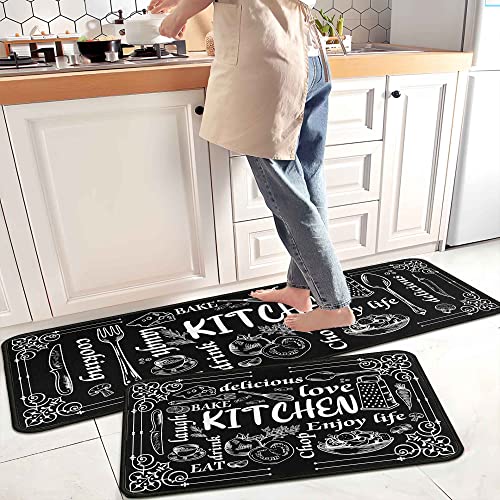 kukli kitchen Black & White Chalkboard Kitchen Rug Set 2 PCS | Non-Slip, Waterproof & Stain-Resistant Kitchen Mats | Farmhouse Style Floor Mats for Kitchen, Sink, Laundry Room 17"x47"+17"x30" - Image 1
