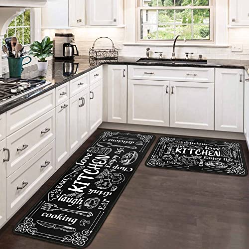 kukli kitchen Black & White Chalkboard Kitchen Rug Set 2 PCS | Non-Slip, Waterproof & Stain-Resistant Kitchen Mats | Farmhouse Style Floor Mats for Kitchen, Sink, Laundry Room 17"x47"+17"x30" - Image 3