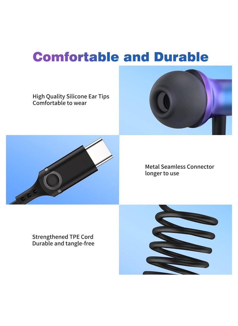 USB-C Wired Earbuds for iPhone 15 Pro Max, iPad Mini 6, Samsung Galaxy S23 FE, S22 Ultra, S21, S20, A54, Flip5, Pixel 8, 7, OnePlus - Magnetic Noise Isolation In-Ear Headset with Mic.