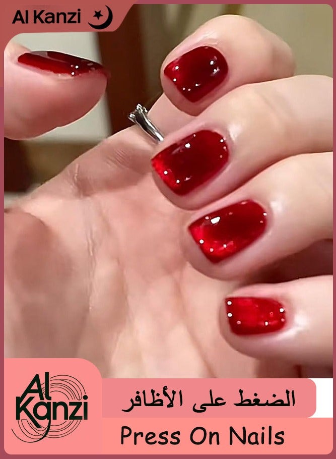 Al Kanzi 24 PCS Red Press on Nail Set, Cat Eye Cherry Dark Red, Reusable Short Squoval ABS Nails with Jelly Glue, for Salon and Nail Art DIY at Home - Image 1
