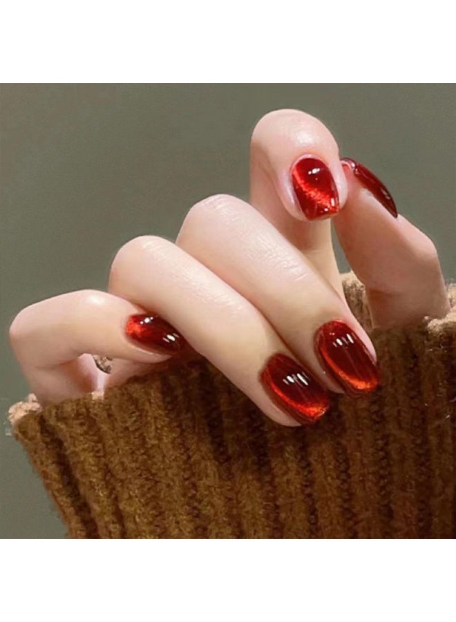 Al Kanzi 24 PCS Red Press on Nail Set, Cat Eye Cherry Dark Red, Reusable Short Squoval ABS Nails with Jelly Glue, for Salon and Nail Art DIY at Home - Image 2