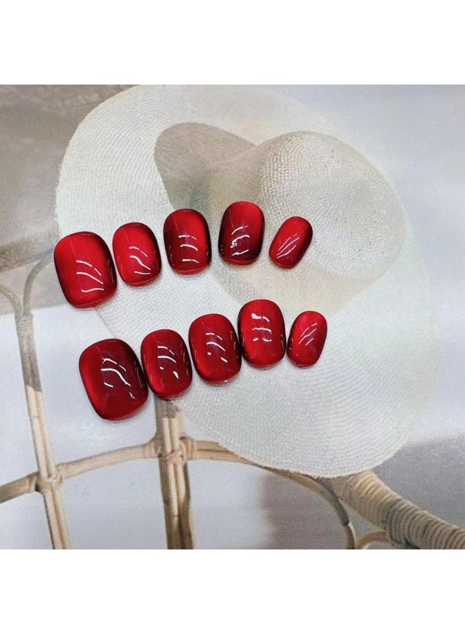 Al Kanzi 24 PCS Red Press on Nail Set, Cat Eye Cherry Dark Red, Reusable Short Squoval ABS Nails with Jelly Glue, for Salon and Nail Art DIY at Home - Image 3