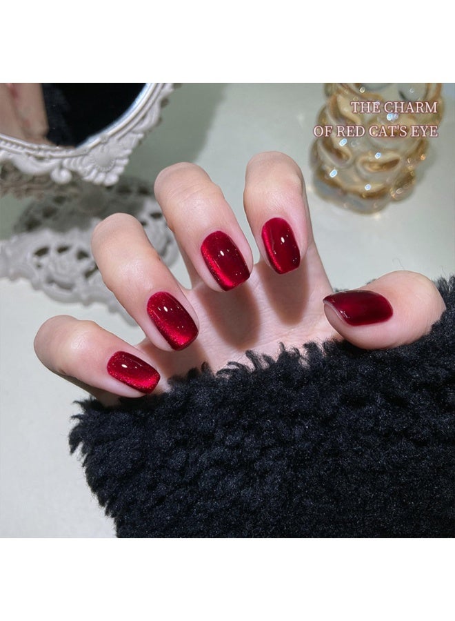 Al Kanzi 24 PCS Red Press on Nail Set, Cat Eye Cherry Dark Red, Reusable Short Squoval ABS Nails with Jelly Glue, for Salon and Nail Art DIY at Home - Image 4