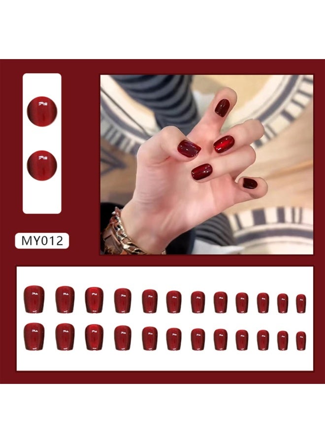 Al Kanzi 24 PCS Red Press on Nail Set, Cat Eye Cherry Dark Red, Reusable Short Squoval ABS Nails with Jelly Glue, for Salon and Nail Art DIY at Home - Image 5