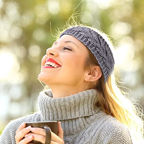 THE DDS STORE Women Soft Stretch Winter Headbands Fuzzy Fleece Lined Ear Warmer Knit Thick Warm Crochet Headband Winter Accessories (Khaki, One Size Fits Most) - Image 3