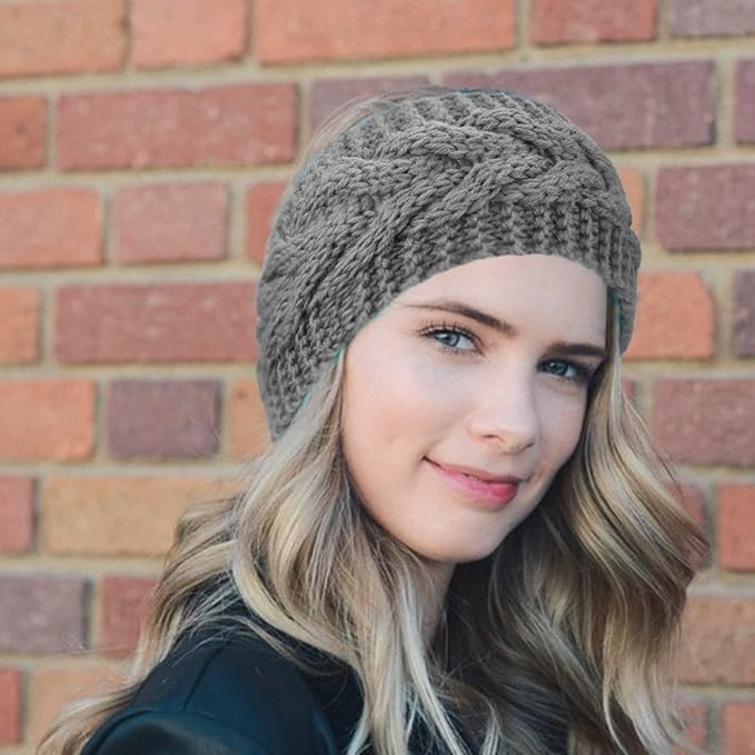 THE DDS STORE Women Soft Stretch Winter Headbands Fuzzy Fleece Lined Ear Warmer Knit Thick Warm Crochet Headband Winter Accessories (Khaki, One Size Fits Most) - Image 4