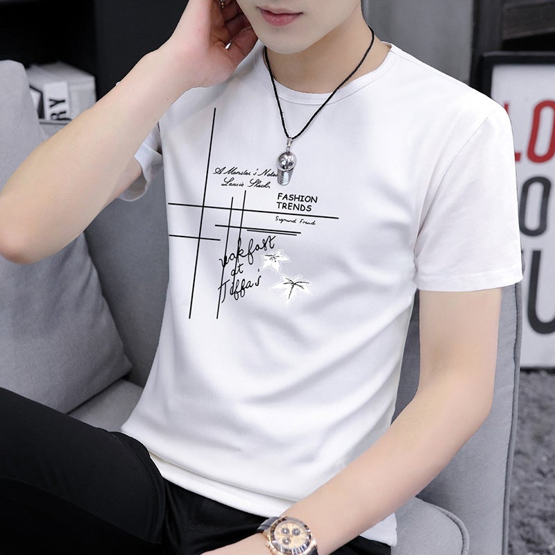 تي شيرت صيفي قصير الأكمام للرجال أبيض نصف كم تي شيرت قميص أساسي للرجال ملابس حرير مثلج طوق دائري مطبوع - Image 3