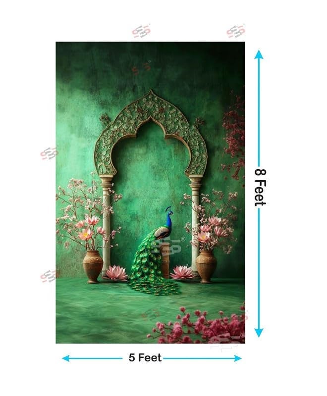 S2S Arch Peacock Backdrop Cloth for Pooja Decoration Traditional, Background Decoration Cloth | Curtain Cloth for All Festival, Functions & Ceremonies - (5 x 8 Feet) (Arch Peacock) - Image 2