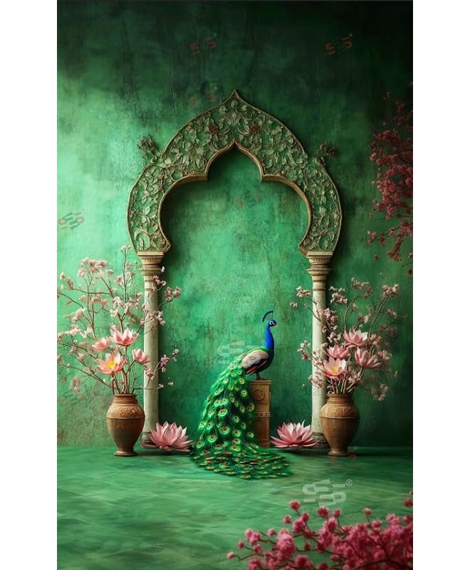 S2S Arch Peacock Backdrop Cloth for Pooja Decoration Traditional, Background Decoration Cloth | Curtain Cloth for All Festival, Functions & Ceremonies - (5 x 8 Feet) (Arch Peacock) - Image 1
