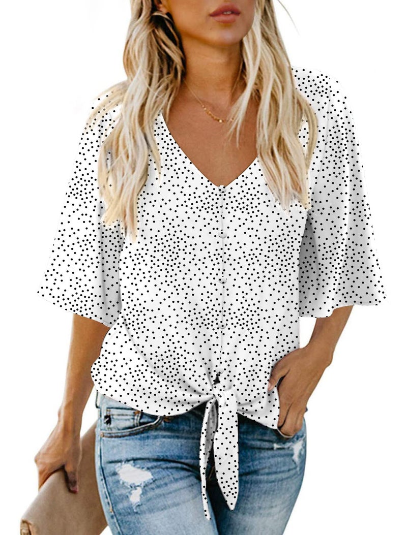 AWULIFFAN Womens Floral Tie Front Chiffon Blouses V Neck Bell Sleeve Summer Tops Shirts (Polka Dot White,Large) - Image 1