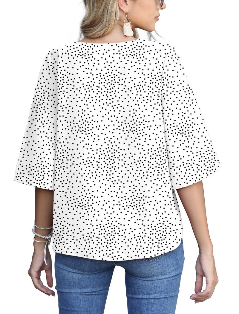 AWULIFFAN Womens Floral Tie Front Chiffon Blouses V Neck Bell Sleeve Summer Tops Shirts (Polka Dot White,Large) - Image 2