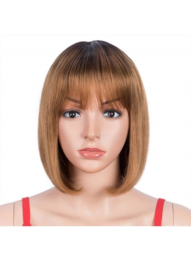 Spotlight Brown Short Bob Wigs with Bangs for Women Human Hair 130% Density Ombre Brown Short Bob Human Hair Wigs With Bangs (Ombre Brown, TT1B/30 Color) - Image 1
