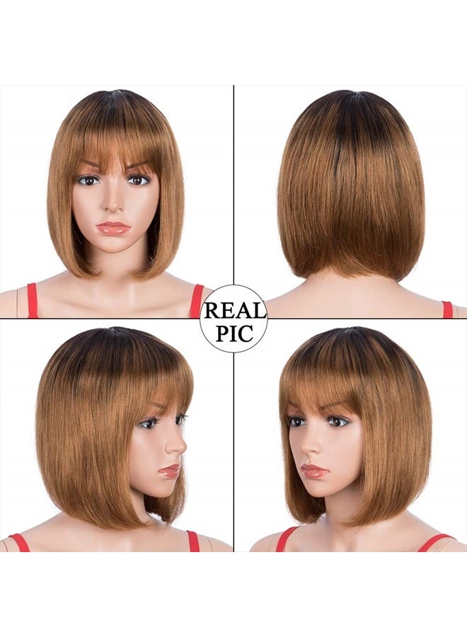 Spotlight Brown Short Bob Wigs with Bangs for Women Human Hair 130% Density Ombre Brown Short Bob Human Hair Wigs With Bangs (Ombre Brown, TT1B/30 Color) - Image 3
