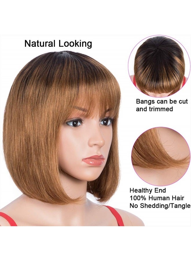Spotlight Brown Short Bob Wigs with Bangs for Women Human Hair 130% Density Ombre Brown Short Bob Human Hair Wigs With Bangs (Ombre Brown, TT1B/30 Color) - Image 2