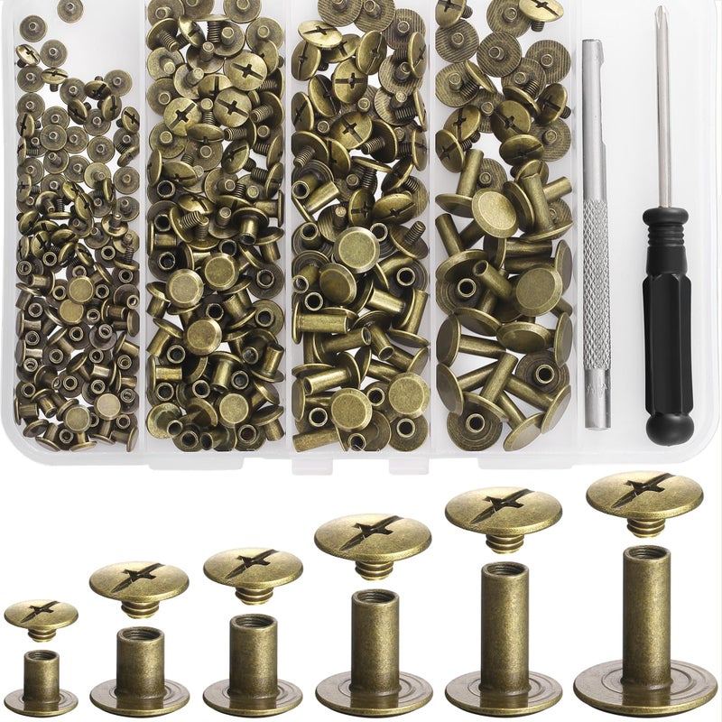 YORANYO 140 Sets Chicago Screws Leather Rivets Kit for Fabric Leather Crafting 6 Sizes Chicago Binding Screws for Decorate and Repair Belt Bag Shoes Purse Pet Collar Clothing Bookbinding Bronze - Image 3