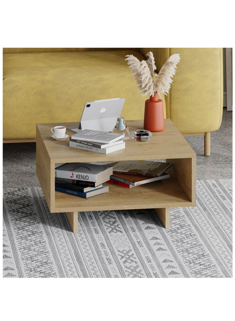 Mourah Home Hola Modern Square Coffee Table Centre Table for Living Room Office Industrial Sofa Table| for Small Spaces Living Room Bedroom|32x60x60CM | Oak - Image 1