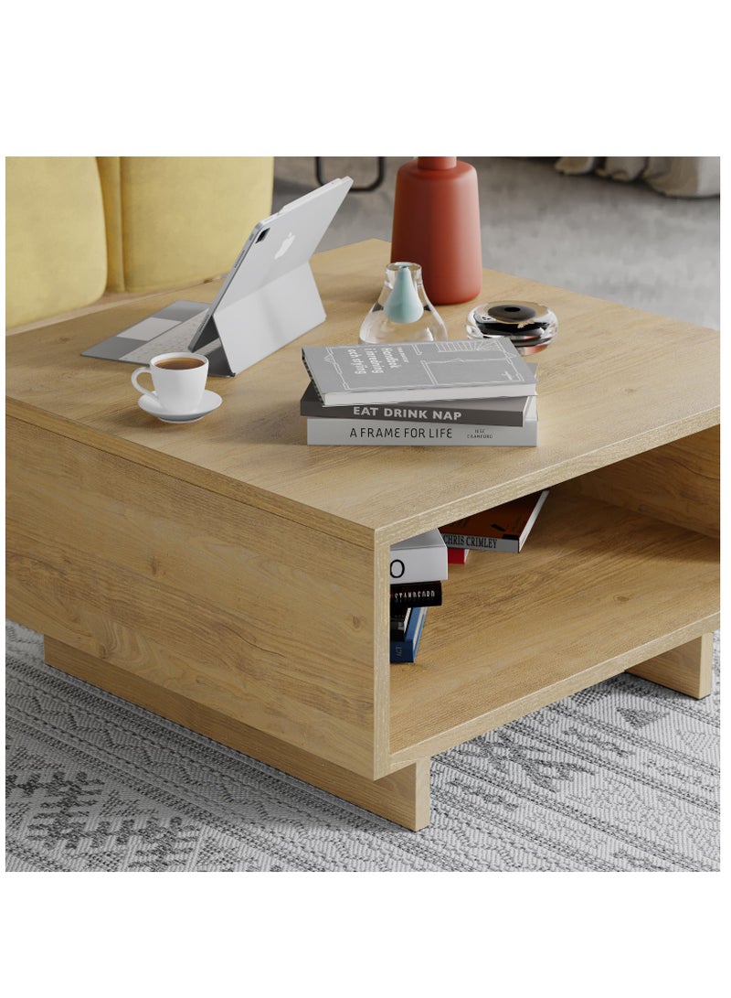Mourah Home Hola Modern Square Coffee Table Centre Table for Living Room Office Industrial Sofa Table| for Small Spaces Living Room Bedroom|32x60x60CM | Oak - Image 2