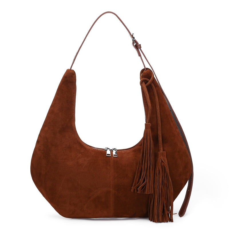 Herald Tassel Suede Hobo Shoulder Bag for Women, Retro Slouchy Crescent Crossbody Purse Handbag with Adjustable Strap (Coffee) - Image 1