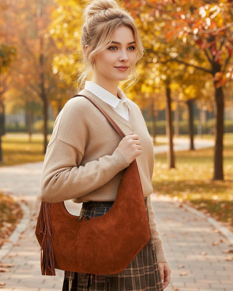Herald Tassel Suede Hobo Shoulder Bag for Women, Retro Slouchy Crescent Crossbody Purse Handbag with Adjustable Strap (Coffee) - Image 2
