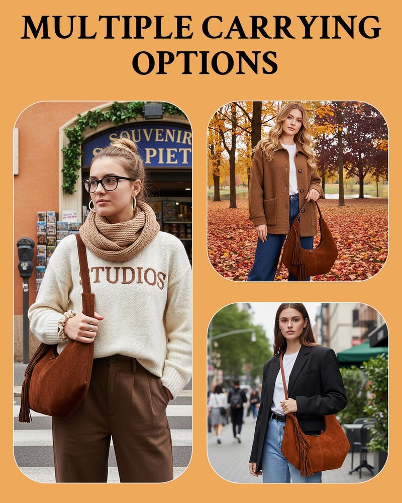 Herald Tassel Suede Hobo Shoulder Bag for Women, Retro Slouchy Crescent Crossbody Purse Handbag with Adjustable Strap (Coffee) - Image 3
