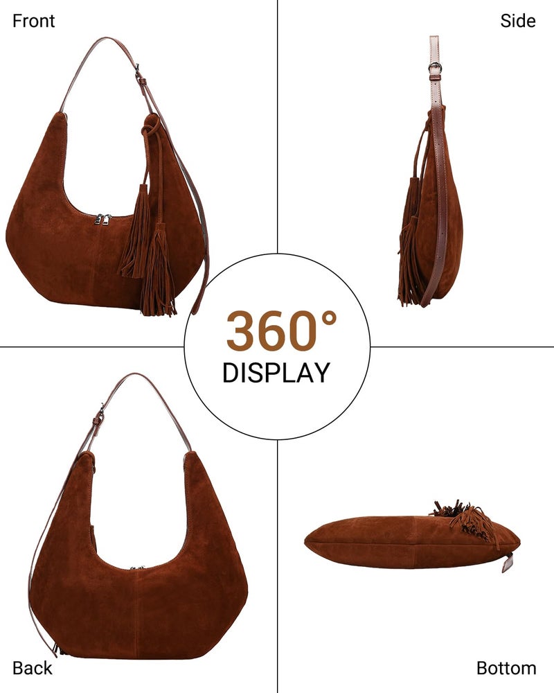 Herald Tassel Suede Hobo Shoulder Bag for Women, Retro Slouchy Crescent Crossbody Purse Handbag with Adjustable Strap (Coffee) - Image 4