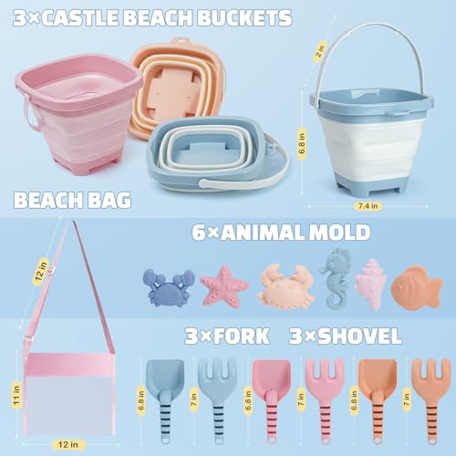 Dreamon Beach Toys Set for Kids 310 Collapsible Sand Buckets with Beach Molds and Mesh Bag 3 Pack Shovels Set Sand Toys for Beach Sandbox Travel Toys for Toddlers Kids - Image 5