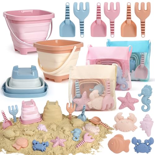 Dreamon Beach Toys Set for Kids 310 Collapsible Sand Buckets with Beach Molds and Mesh Bag 3 Pack Shovels Set Sand Toys for Beach Sandbox Travel Toys for Toddlers Kids - Image 1