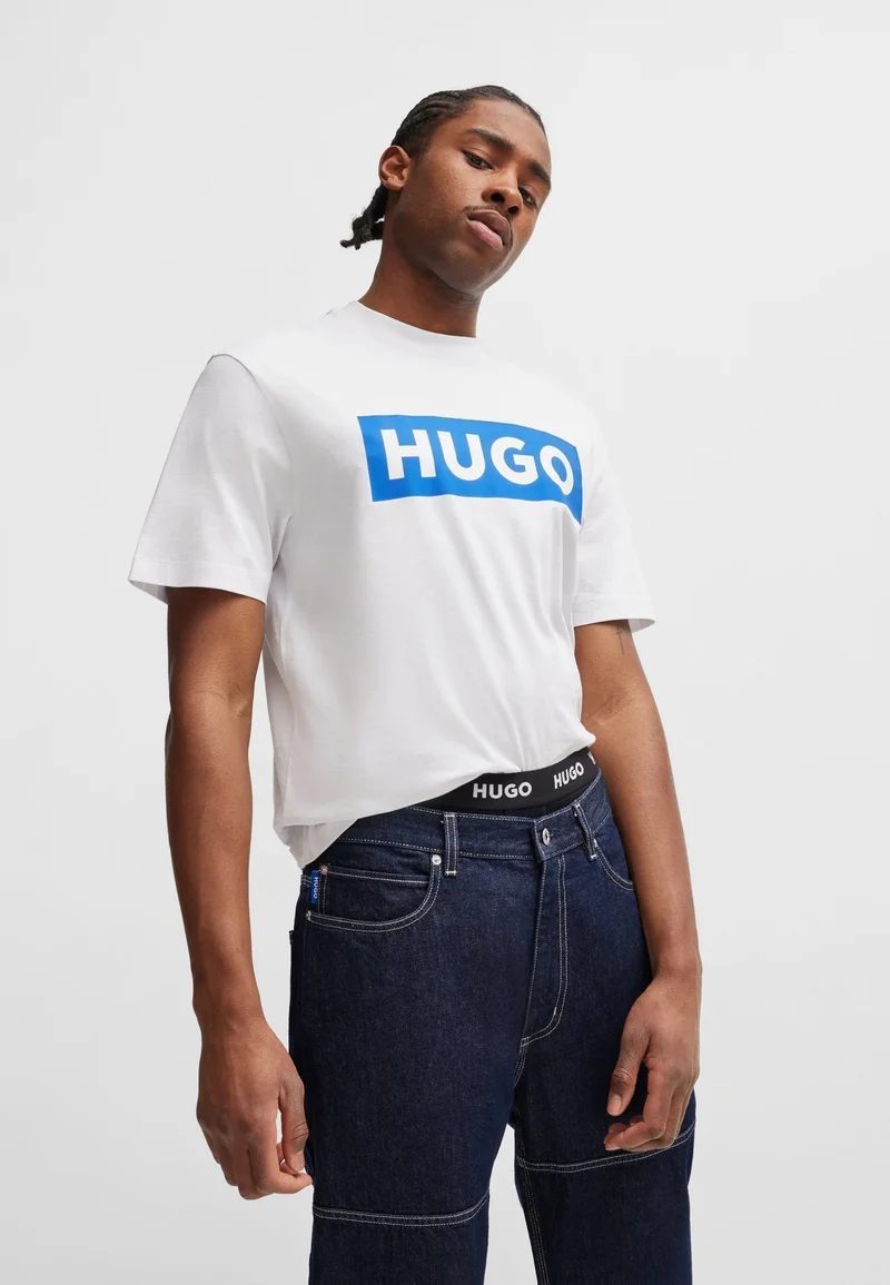 HUGO Cotton-jersey T-shirt with blue logo print