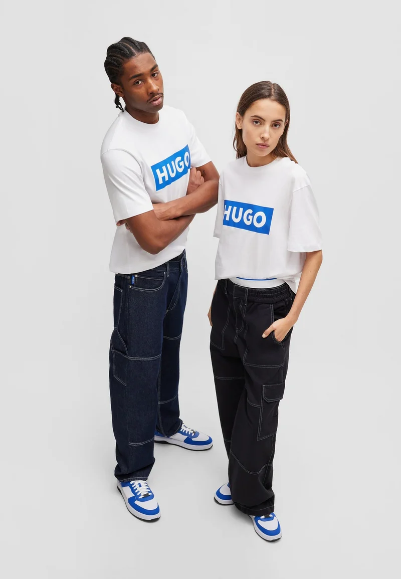HUGO White Cotton-jersey T-shirt with blue logo print for Men | Best Price UAE