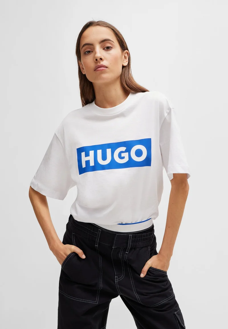 HUGO White Cotton-jersey T-shirt with blue logo print for Men | Best Price UAE