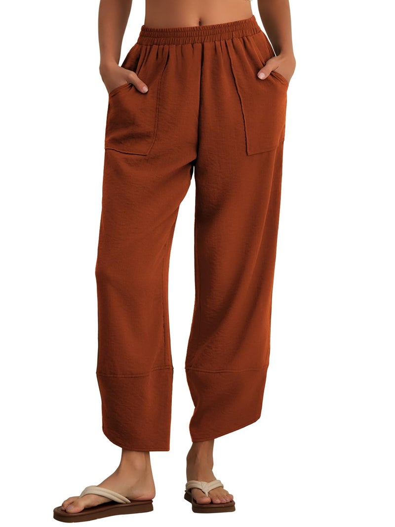 Feiersi Womens Baggy Wide Leg Pants Elastic Waisted Casual Palazzo Harem Pants Summer Beach Trousers(Orange Yellow,XX-Large) - Image 2