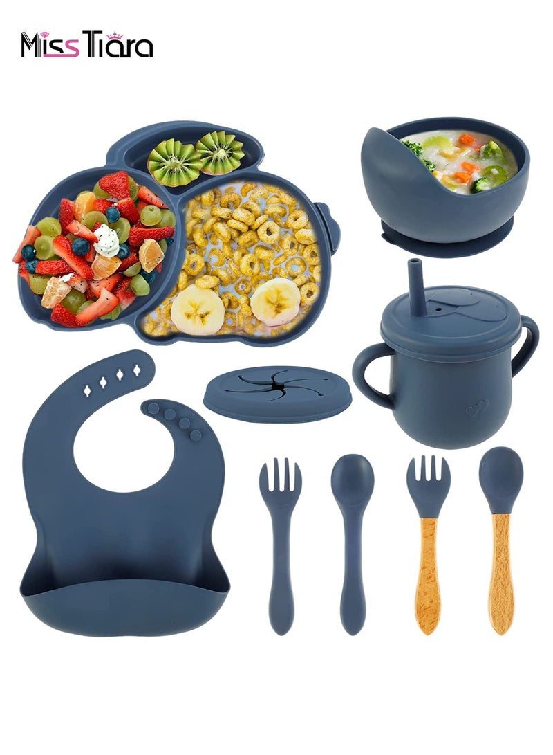 Baby Feeding Set 9 Pcs Silicone Baby Plate and Bowl Set with Suction Cup BPA-Free Baby Tableware Set Baby Led Weaning Supplies with Bib Bowl Spoon Fork Drink Cup Washable Microwave Safe for Toddler