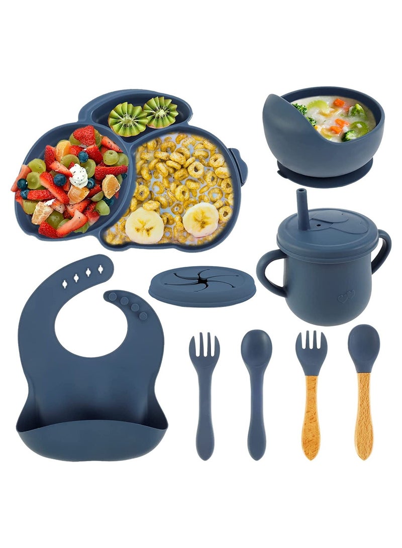 Baby Feeding Set 9 Pcs Silicone Baby Plate and Bowl Set with Suction Cup BPA-Free Baby Tableware Set Baby Led Weaning Supplies with Bib Bowl Spoon Fork Drink Cup Washable Microwave Safe for Toddler