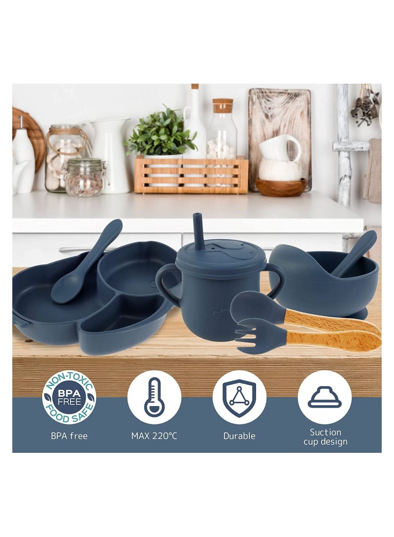 Baby Feeding Set 9 Pcs Silicone Baby Plate and Bowl Set with Suction Cup BPA-Free Baby Tableware Set Baby Led Weaning Supplies with Bib Bowl Spoon Fork Drink Cup Washable Microwave Safe for Toddler