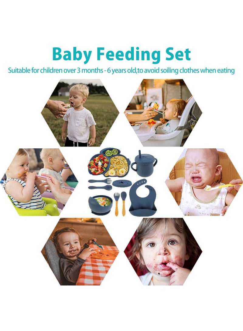 Baby Feeding Set 9 Pcs Silicone Baby Plate and Bowl Set with Suction Cup BPA-Free Baby Tableware Set Baby Led Weaning Supplies with Bib Bowl Spoon Fork Drink Cup Washable Microwave Safe for Toddler