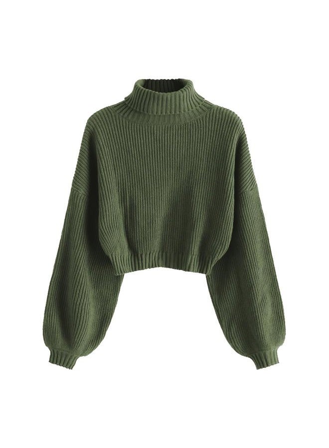 ZAFUL Women's Crew Neck Long Sleeve Pullover Crop Sweater Mock Neck Lantern Sleeve Ribbed Knit Cropped Sweater, 12-green, S - Image 1