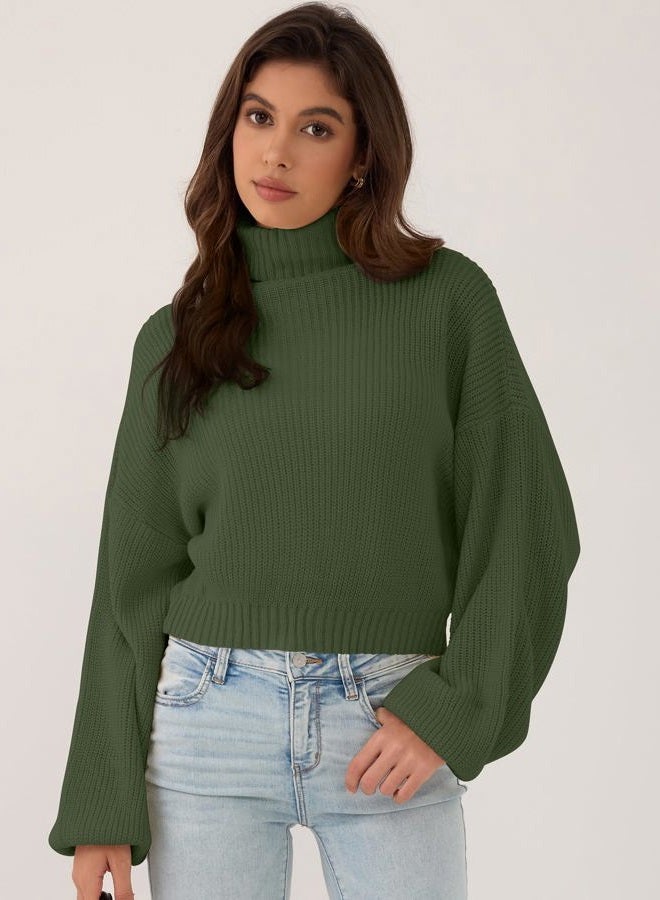ZAFUL Women's Crew Neck Long Sleeve Pullover Crop Sweater Mock Neck Lantern Sleeve Ribbed Knit Cropped Sweater, 12-green, S - Image 2