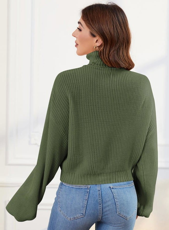 ZAFUL Women's Crew Neck Long Sleeve Pullover Crop Sweater Mock Neck Lantern Sleeve Ribbed Knit Cropped Sweater, 12-green, S - Image 5