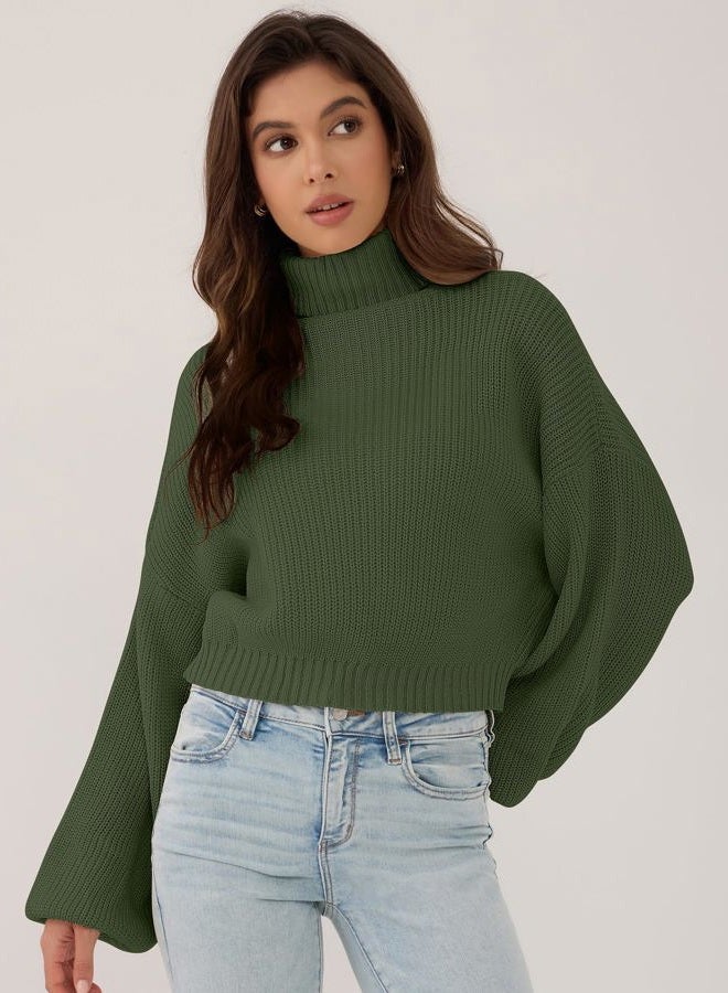 ZAFUL Women's Crew Neck Long Sleeve Pullover Crop Sweater Mock Neck Lantern Sleeve Ribbed Knit Cropped Sweater, 12-green, S - Image 3